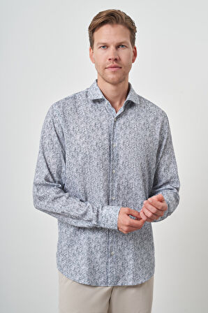  Erkek Gri Keten Trend Dynamic Fit Düğmeli Yaka Gömlek