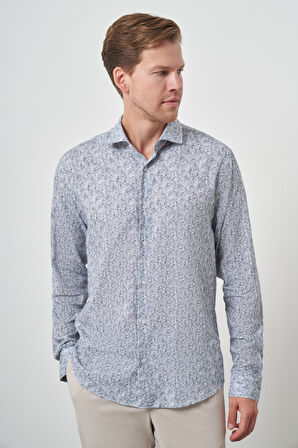  Erkek Gri Keten Trend Dynamic Fit Düğmeli Yaka Gömlek