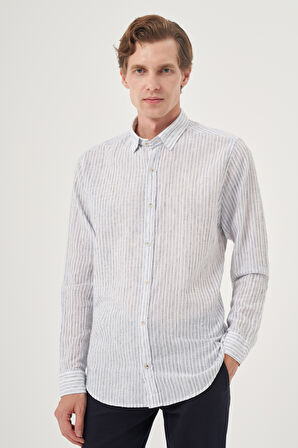  Erkek Lacivert Keten Trend Dynamic Fit Britli Yaka Gömlek