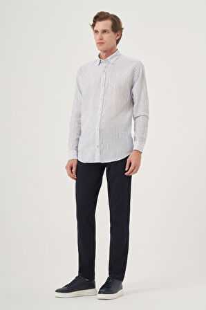  Erkek Lacivert Keten Trend Dynamic Fit Britli Yaka Gömlek