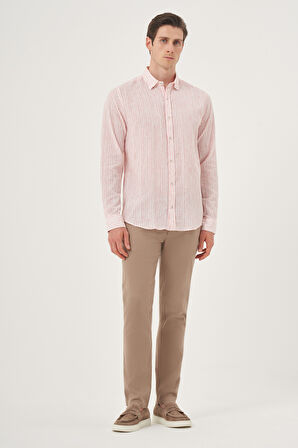  Erkek Kırmızı Keten Trend Dynamic Fit Britli Yaka Gömlek