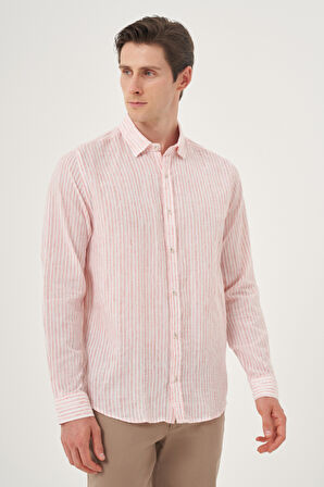  Erkek Kırmızı Keten Trend Dynamic Fit Britli Yaka Gömlek