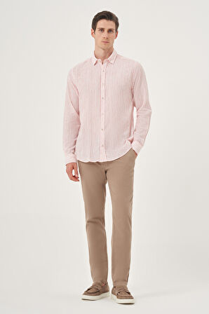  Erkek Kırmızı Keten Trend Dynamic Fit Britli Yaka Gömlek