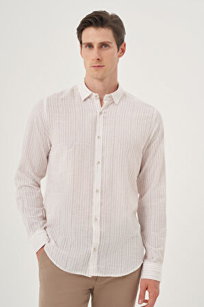  Erkek Bej Keten Trend Dynamic Fit Britli Yaka Gömlek