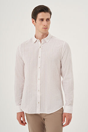  Erkek Bej Keten Trend Dynamic Fit Britli Yaka Gömlek