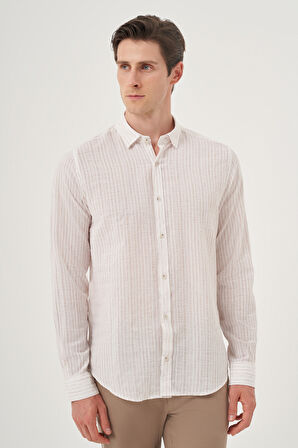  Erkek Bej Keten Trend Dynamic Fit Britli Yaka Gömlek