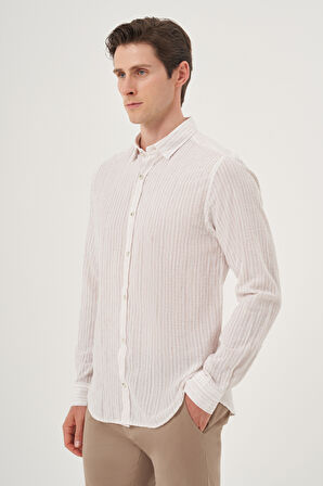  Erkek Bej Keten Trend Dynamic Fit Britli Yaka Gömlek