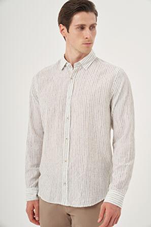  Erkek Yeşil Keten Trend Dynamic Fit Britli Yaka Gömlek