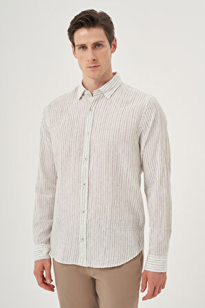  Erkek Yeşil Keten Trend Dynamic Fit Britli Yaka Gömlek