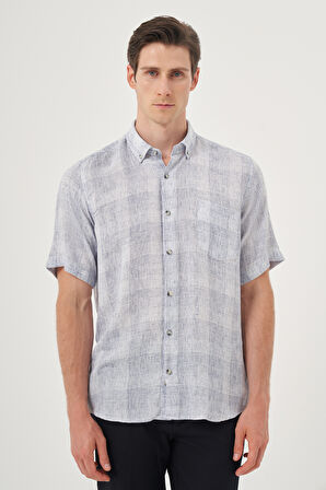  Erkek Lacivert Keten Trend Regular Fit Düğmeli Yaka Kısa Kol Gömlek