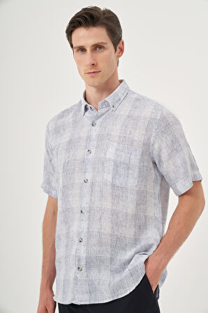  Erkek Lacivert Keten Trend Regular Fit Düğmeli Yaka Kısa Kol Gömlek