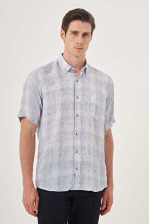  Erkek Lacivert Keten Trend Regular Fit Düğmeli Yaka Kısa Kol Gömlek