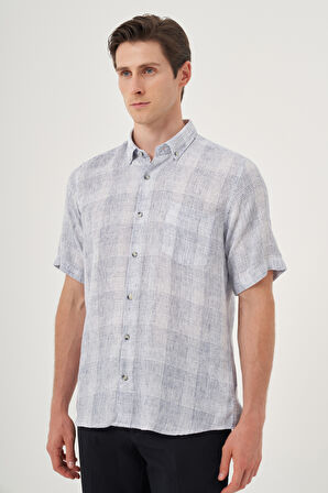  Erkek Lacivert Keten Trend Regular Fit Düğmeli Yaka Kısa Kol Gömlek