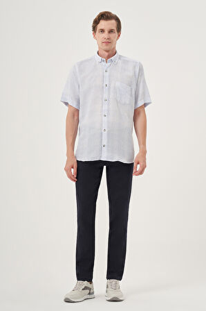  Erkek A. MAVİ Keten Trend Regular Fit Düğmeli Yaka Kısa Kol Gömlek