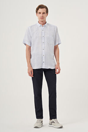  Erkek A. MAVİ Keten Trend Regular Fit Düğmeli Yaka Kısa Kol Gömlek