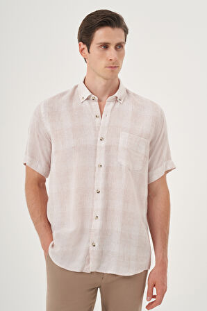  Erkek Bej Keten Trend Regular Fit Düğmeli Yaka Kısa Kol Gömlek