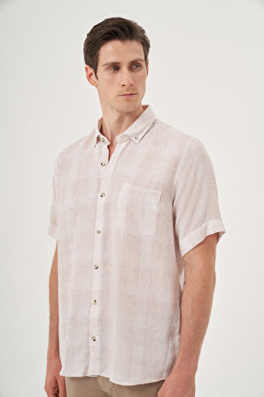  Erkek Bej Keten Trend Regular Fit Düğmeli Yaka Kısa Kol Gömlek