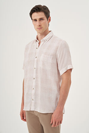  Erkek Bej Keten Trend Regular Fit Düğmeli Yaka Kısa Kol Gömlek