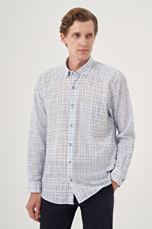  Erkek Lacivert Keten Trend Regular Fit Dğmeli Yaka Gömlek