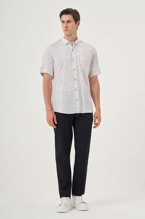  Erkek Siyah Keten Trend Regular Fit Düğmeli Yaka Kısa Kol Gömlek
