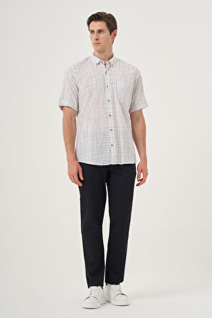  Erkek Siyah Keten Trend Regular Fit Düğmeli Yaka Kısa Kol Gömlek