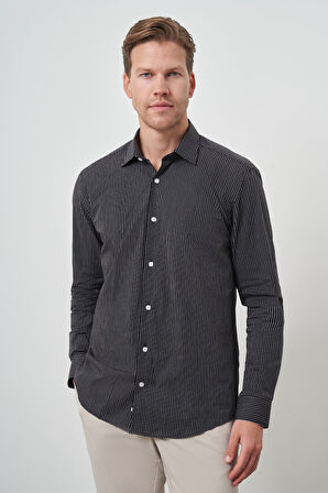  Erkek Siyah Pamuk Trend Slim Fit Sert Yaka Gömlek