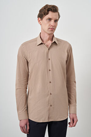  Erkek Bej Pamuk Trend Slim Fit Sert Yaka Gömlek