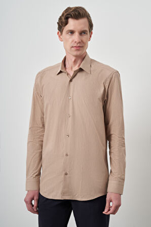  Erkek Bej Pamuk Trend Slim Fit Sert Yaka Gömlek