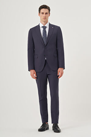  Erkek Lacivert Yünlü  8-Drop Trend Çizgili Slim Fit Sivri Yaka Takım Elbise