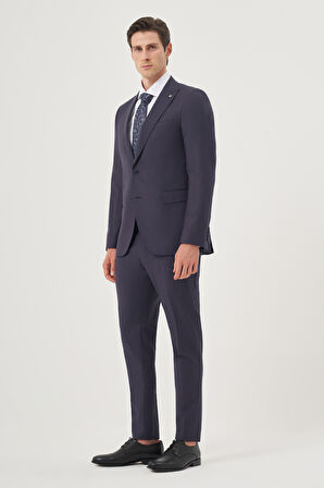  Erkek Lacivert Yünlü  8-Drop Trend Çizgili Slim Fit Sivri Yaka Takım Elbise