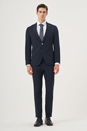  Erkek Lacivert Poliviskon Trend Çizgili Slim Fit Mono Yaka Takım Elbise