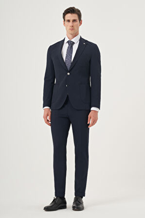  Erkek Lacivert Poliviskon Trend Çizgili Slim Fit Mono Yaka Takım Elbise