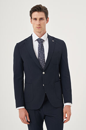  Erkek Lacivert Poliviskon Trend Çizgili Slim Fit Mono Yaka Takım Elbise