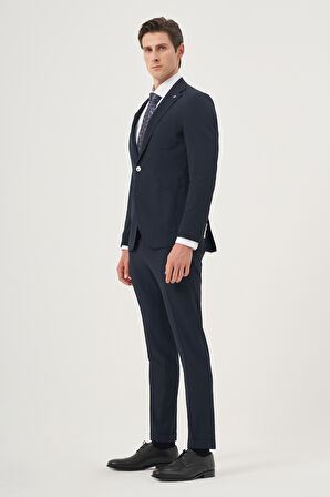  Erkek Lacivert Poliviskon Trend Çizgili Slim Fit Mono Yaka Takım Elbise