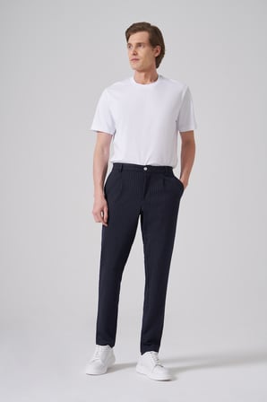  Erkek Lacivert Trend Çizgili Slim Fit Pantolon