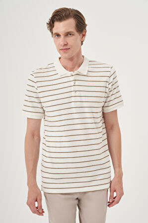  Erkek Ekru Trend Çizgili Dinamik Fit Polo Yaka T-Shirt