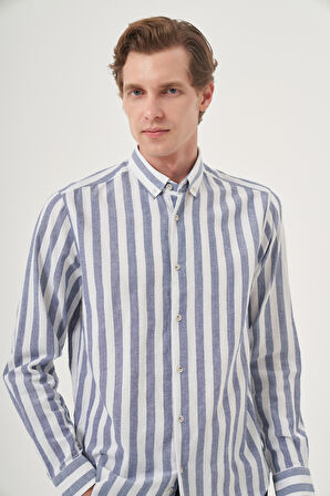  Erkek Lacivert Pamuk Trend Dynamic Fit Düğmeli Yaka Gömlek