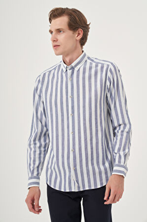  Erkek Lacivert Pamuk Trend Dynamic Fit Düğmeli Yaka Gömlek