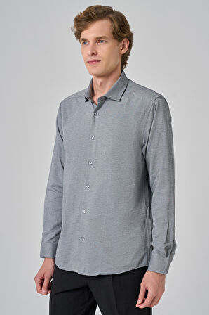  Erkek Gri Slim Fit İtalyan Yaka Gömlek