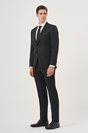  Erkek Siyah Poliviskon Basic Jakarlı Slim Fit Sivri Yaka Takım Elbise