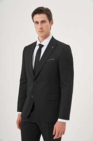  Erkek Siyah Poliviskon Basic Jakarlı Slim Fit Sivri Yaka Takım Elbise