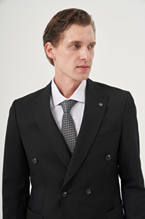  Erkek Siyah Poliviskon Trend Düz Slim Fit Sivri Yaka Kruvaze Takım Elbise