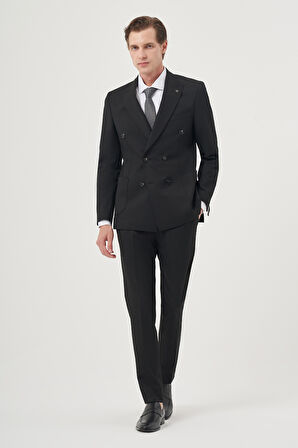  Erkek Siyah Poliviskon Trend Düz Slim Fit Sivri Yaka Kruvaze Takım Elbise