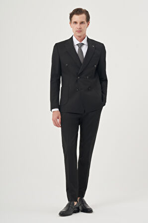  Erkek Siyah Poliviskon Trend Düz Slim Fit Sivri Yaka Kruvaze Takım Elbise