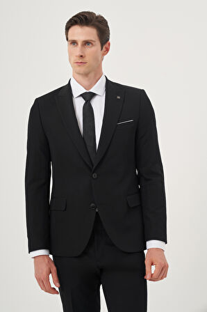  Erkek Siyah Poliviskon Basic Slim Fit Sivri Yaka Takım Elbise