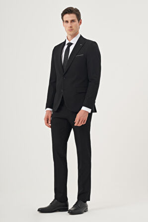 Erkek Siyah Poliviskon Basic Slim Fit Sivri Yaka Takım Elbise