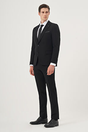  Erkek Siyah Poliviskon Basic Slim Fit Sivri Yaka Takım Elbise