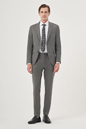  Erkek Füme Poliviskon Trend Çizgili Slim Fit Mono Yaka Çift Kapak Cepli Takım Elbise