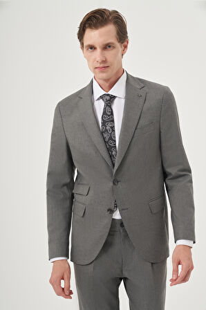  Erkek Füme Poliviskon Trend Çizgili Slim Fit Mono Yaka Çift Kapak Cepli Takım Elbise