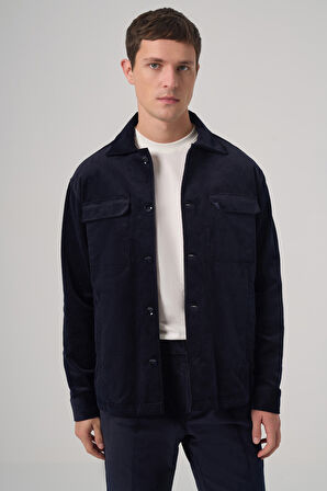  Erkek Lacivert Trend Çift Cepli Kadife Gömlek Ceket